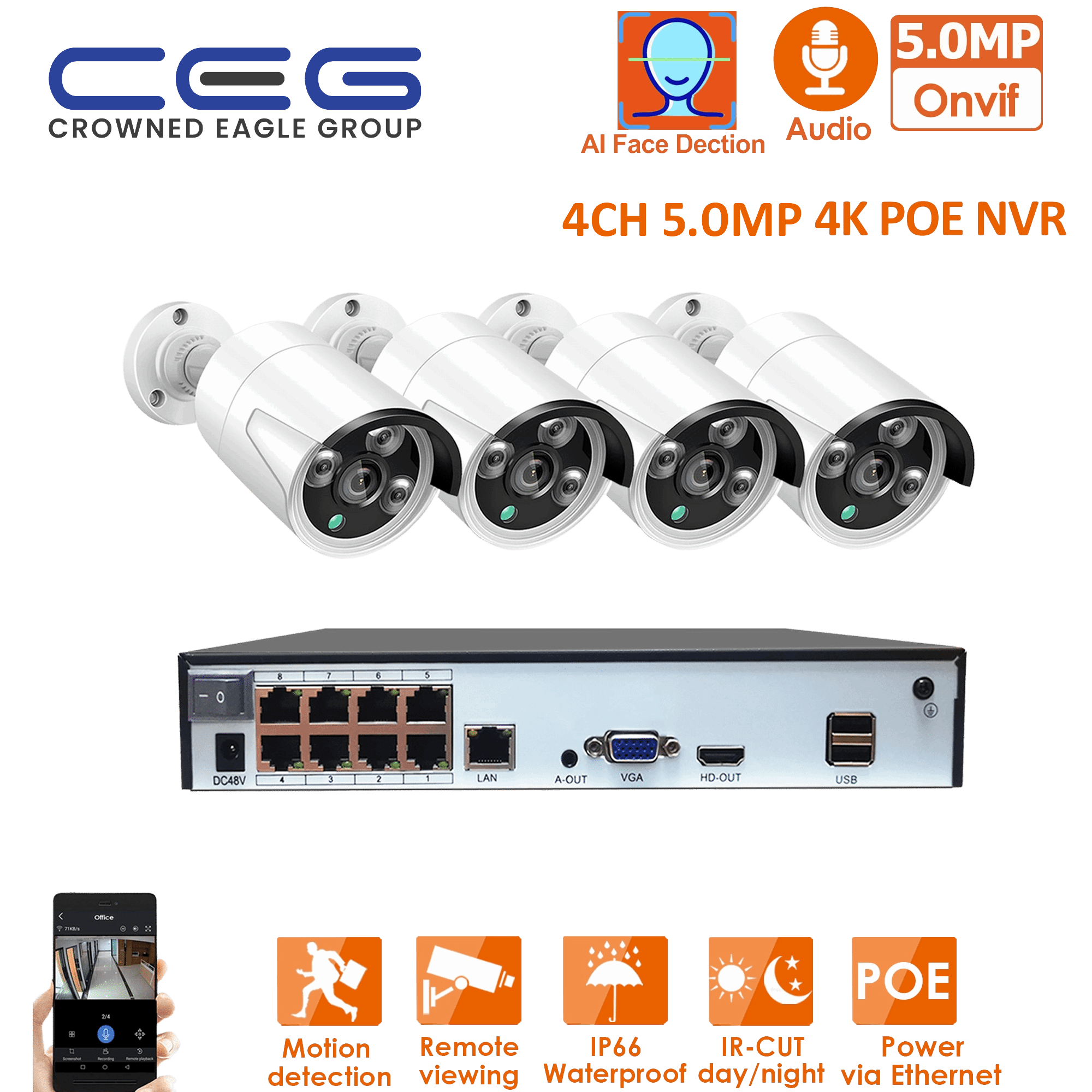 CEG 5MP H.265+ 4CH PoE Security Camera System Kit Audio Rj45 5MP IP FaceDetection Outdoor Waterproof CCTV Video Surveillance - Bargain Stock