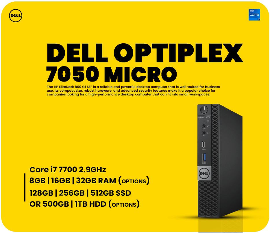 Dell OptiPlex 7050 Micro Desktop Intel Core i7 7700 2.9GHz Processor Wi-Fi (Upgrade Option) | Reconditioned - Bargain Stock