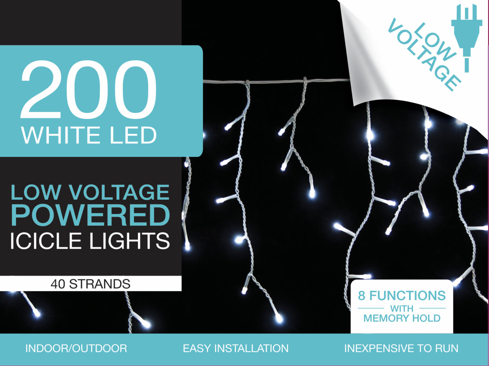 200 White LED Low Voltage Powered Icicle Lights 40 Strands