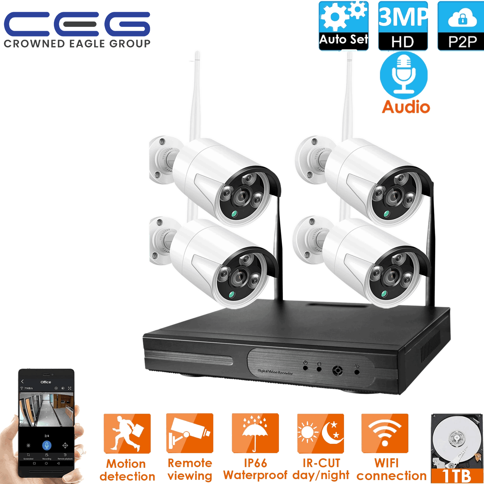 CEG 3MP 4CH Wi-Fi CCTV System Kit with 4 Cameras & NVR - Bargain Stock